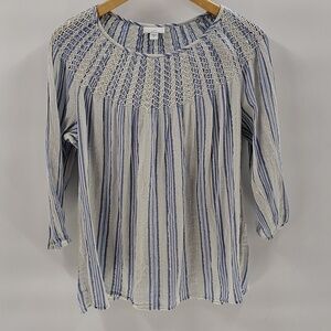 J. Jill Top Medium Peasant 3/4 Sleeve Smocked Neck Gauze Blue Stripe